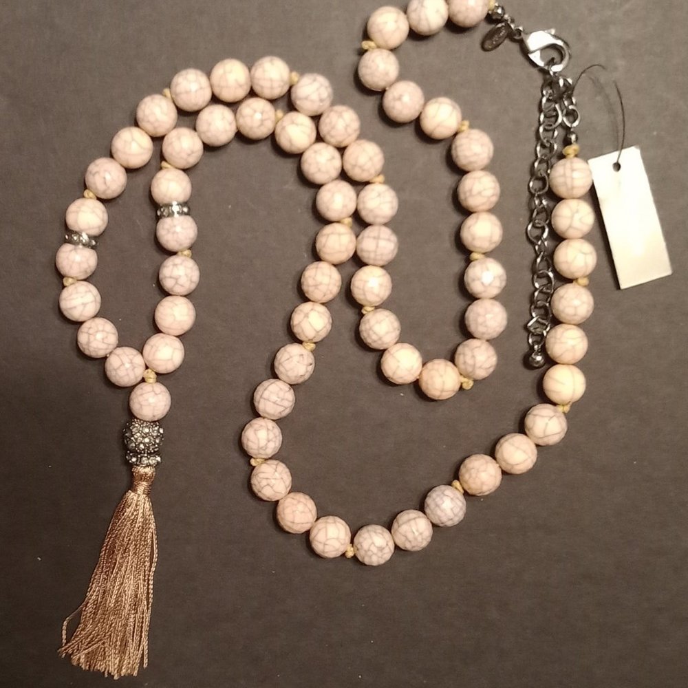 Chicos Valenti Pave Gunmetal Beige/Pink Crack Beads Long w/Tassel Necklace